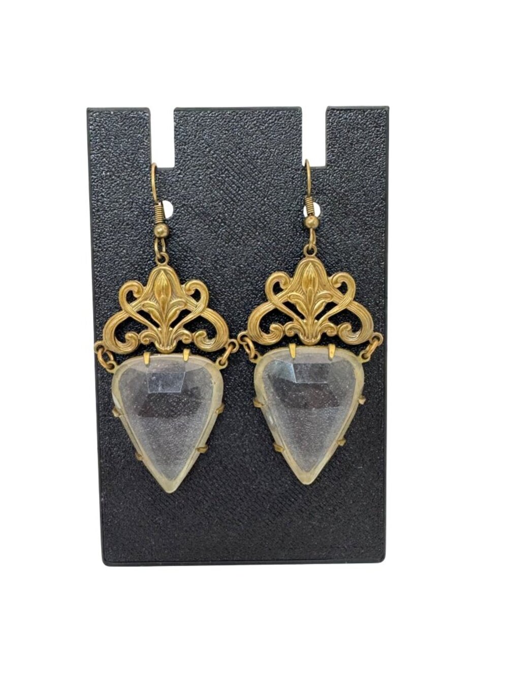 Vintage GWS Glass Works Studios Brass Teardrop Dangle Earrings Ornate Scroll